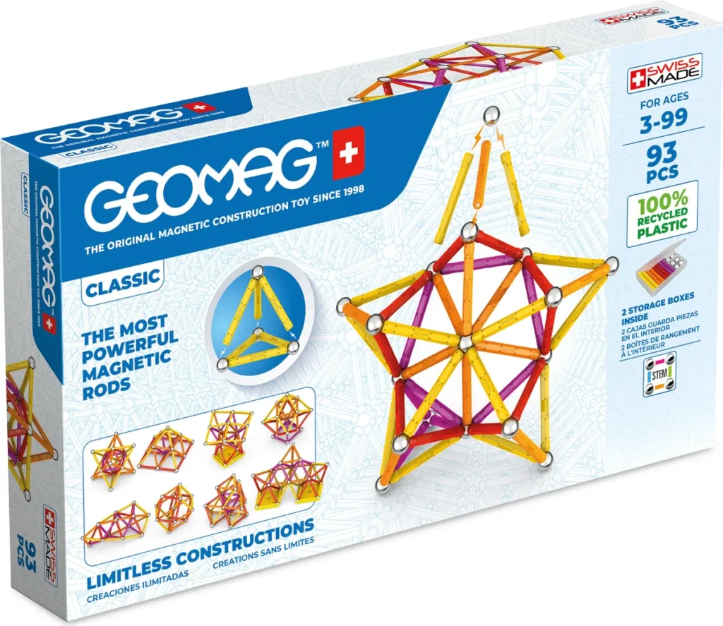 Krabica magnetickej stavebnice Geomag Classic s 93 dielikmi vyrobená vo Švajčiarsku zo 100 % recyklovaného plastu.
