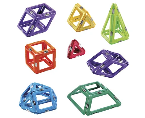 Farebné trojrozmerné geometrické tvary poskladané z magnetických tyčiniek a oceľových guľôčok stavebnice Geomag.