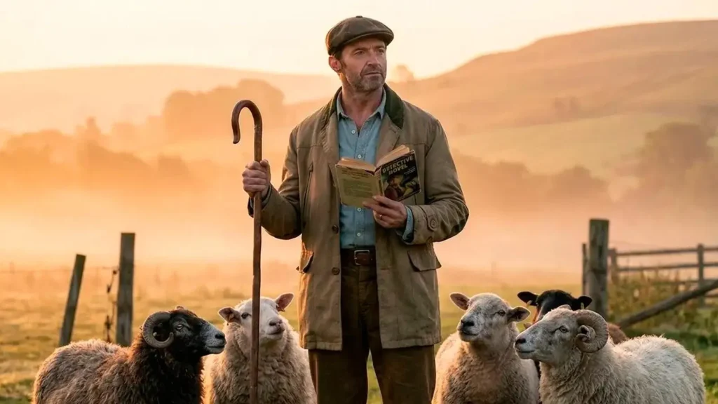 Pastier Hugh Jackman číta detektívny román svojmu stádu oviec za úsvitu.