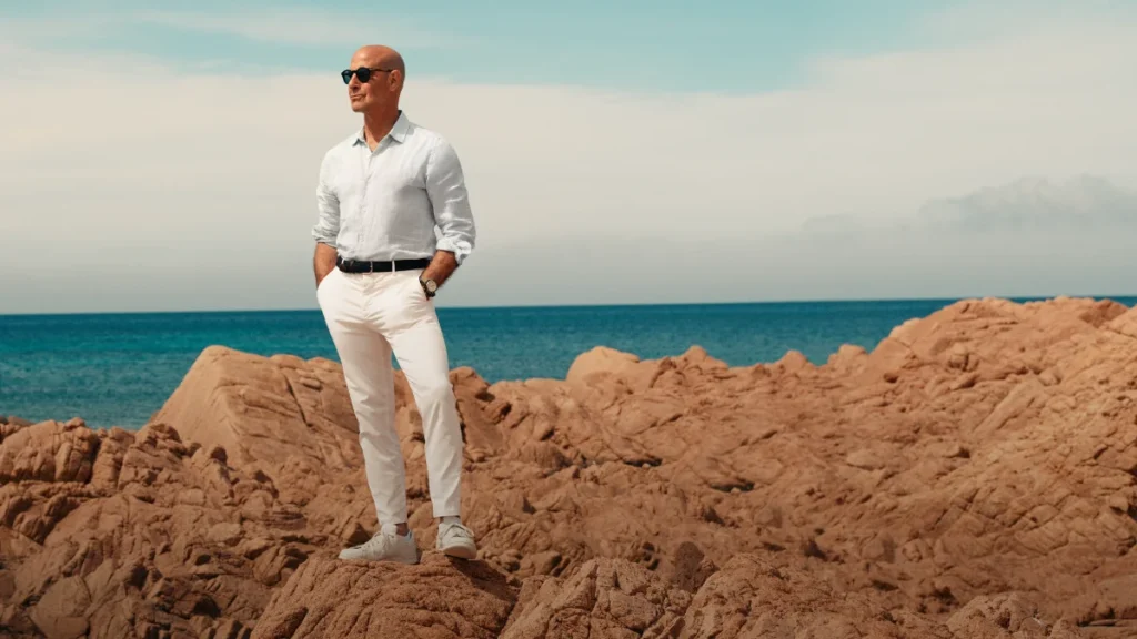 Herec Stanley Tucci na skalnatom pobreží Talianska počas natáčania cestopisnej šou pre Disney+.
