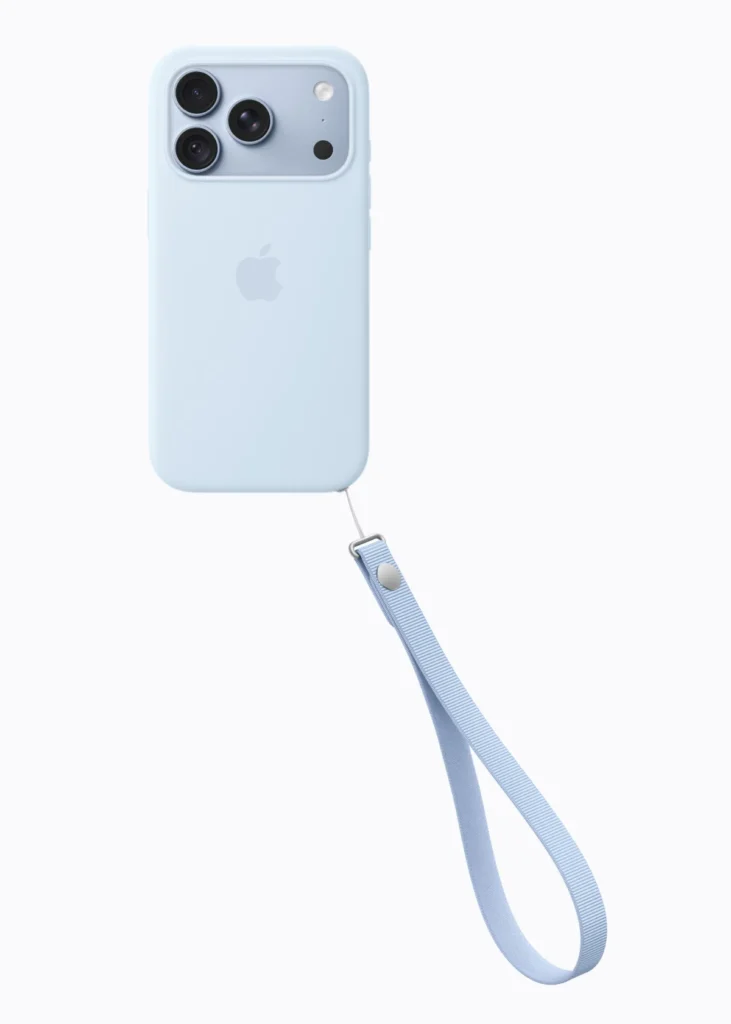 iPhone 18 Pro vo farbe glacier s remienkom na zápästie